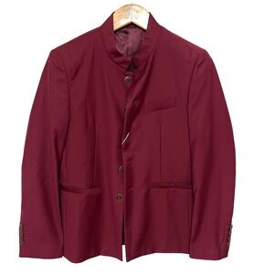 Burgundy Mandarin Collar Blazer Button Front Sport Coat Minimalist Unisex Jacket